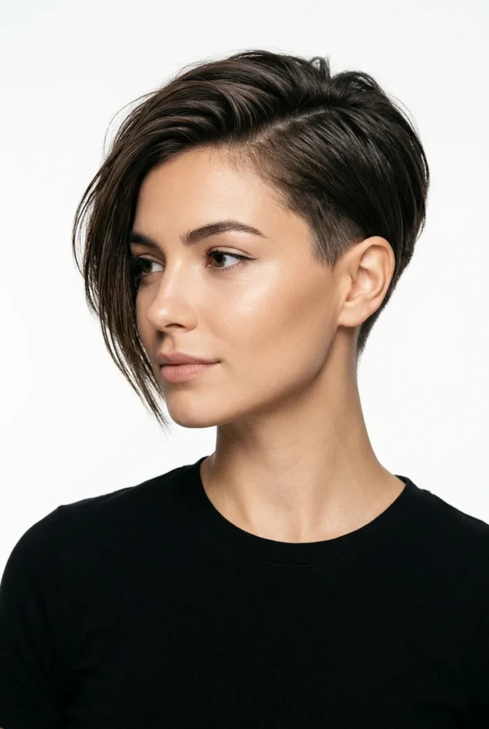Sleek Short Hair with a Deep Side Part and Tucked Side with a Sleek Edge