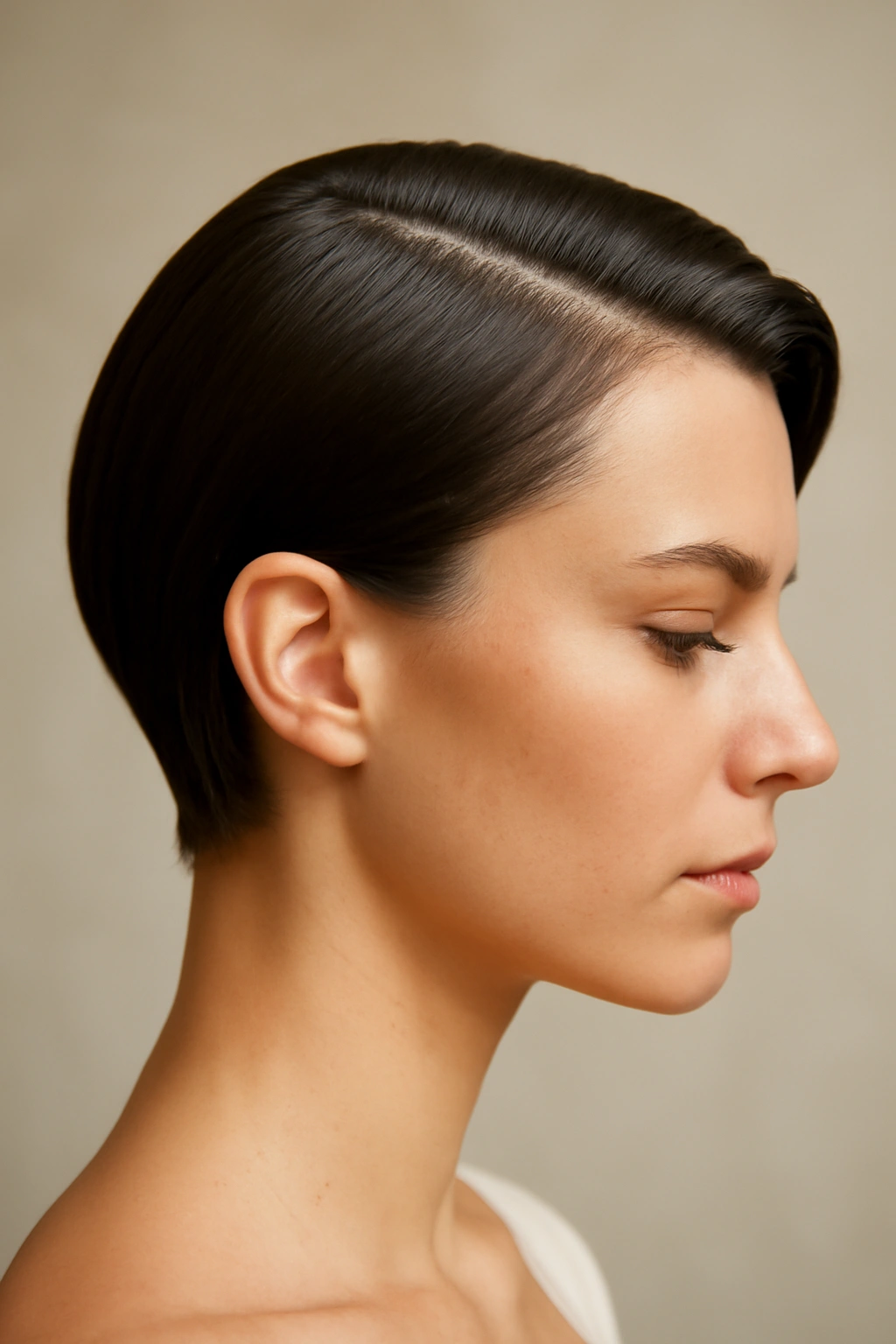 Sleek Short Hair with a Deep Side Part and Tucked Side with a Glossy Edge