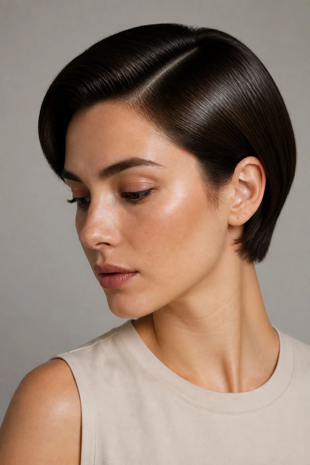 Deep Side Part Short Hair with a Tucked-Behind-the-Ear Finish for a Polished Shape