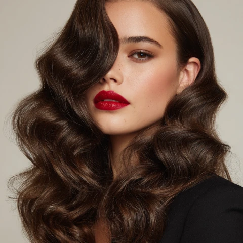 Voluminous Wavy Hair with a Deep Side Sweep