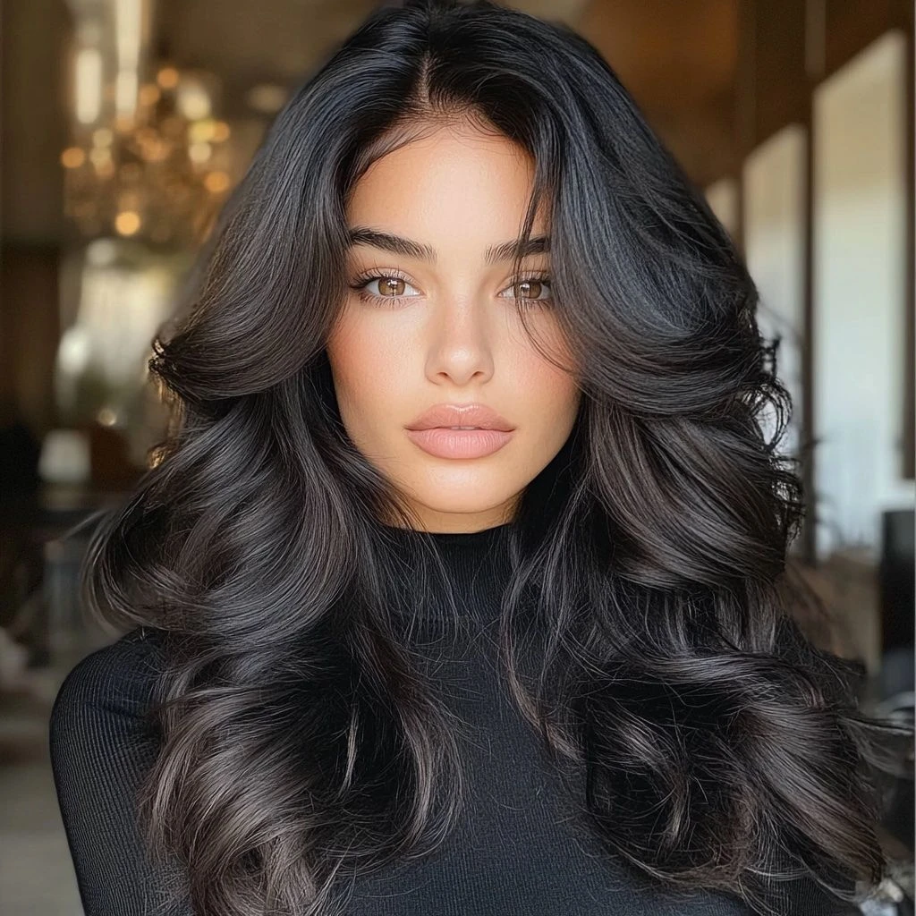 Wavy Hair with a Deep Side Part and Bouncy Roots