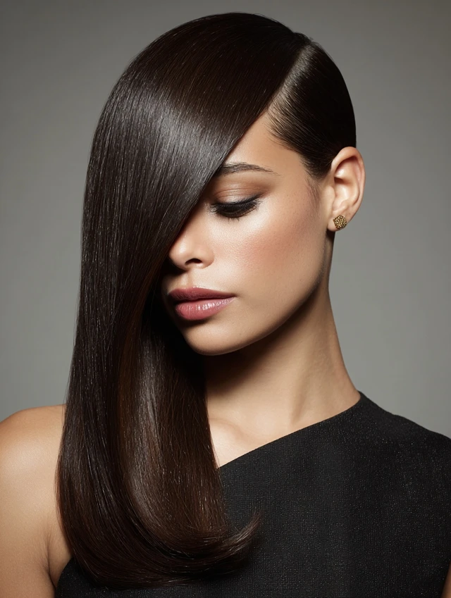 Deep Side Part Sleek Lengths with a Glossy Finish for Winter Evenings