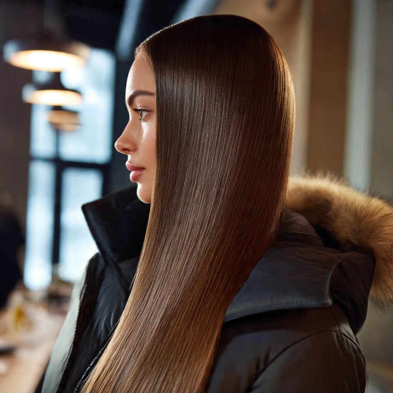 Deep Side Part Low Ponytail with Sleek Straight Lengths