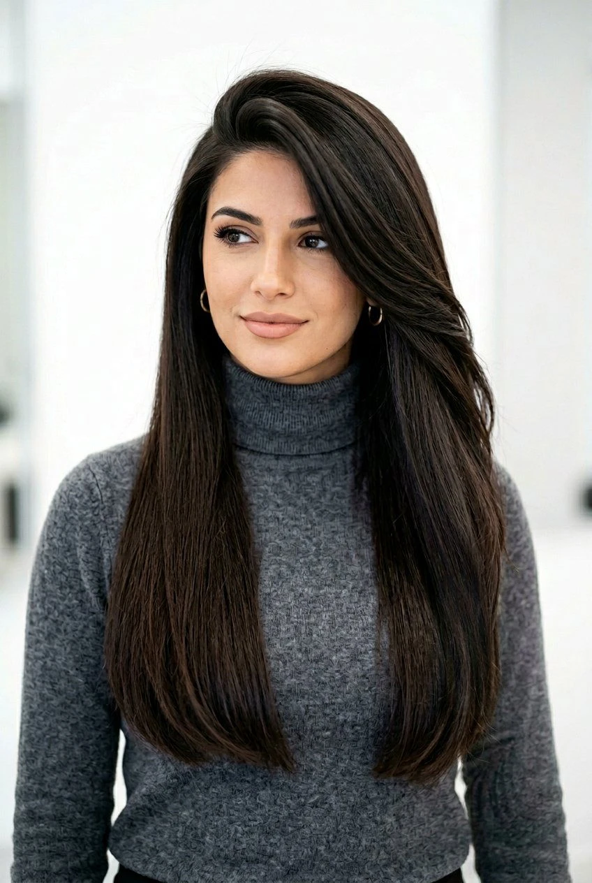Deep Side Part Sleek Lengths with a Glossy Finish with a Smooth Crown