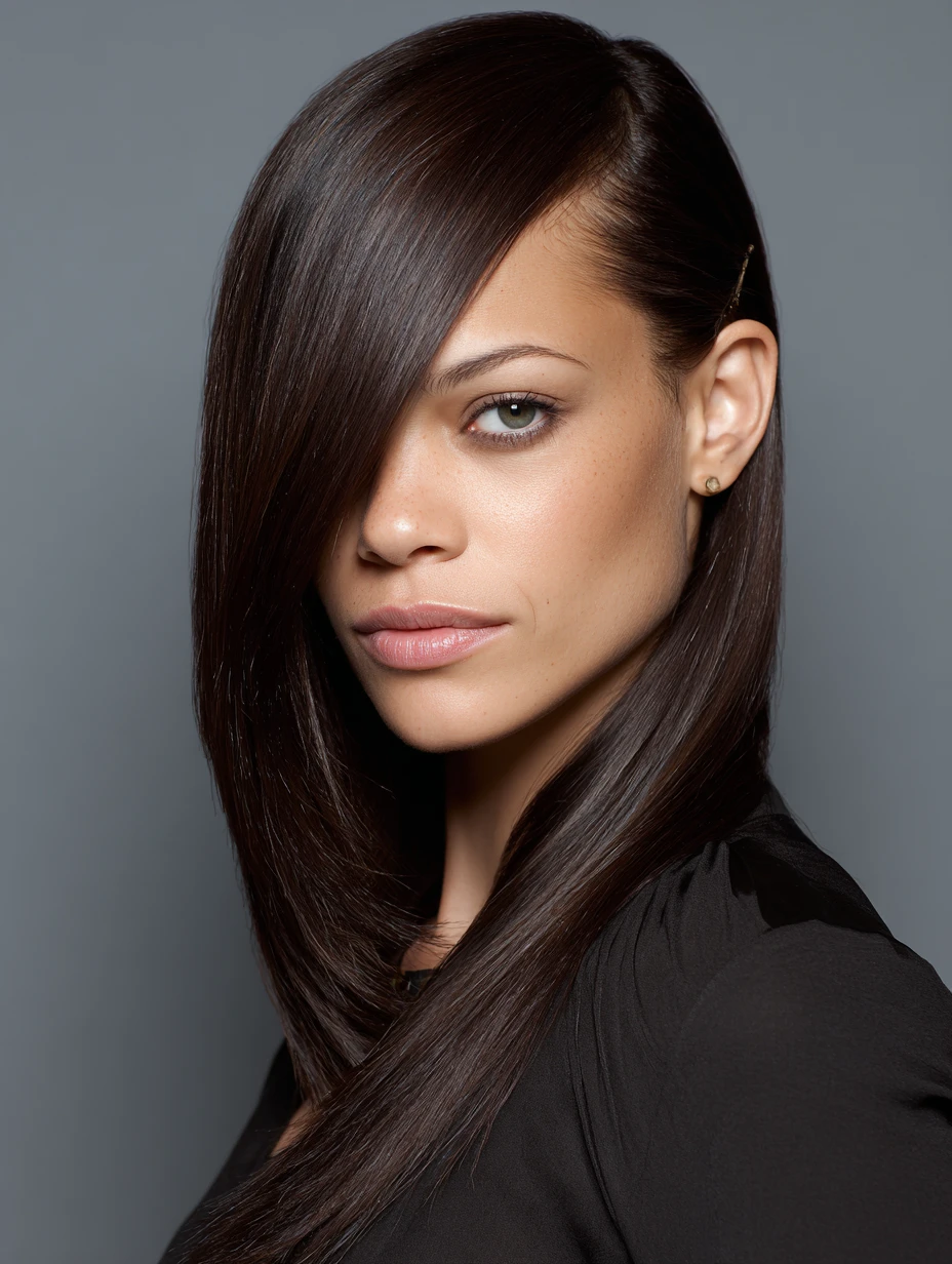Sleek Straight Lengths with a Soft Deep Part with Tucked Ends