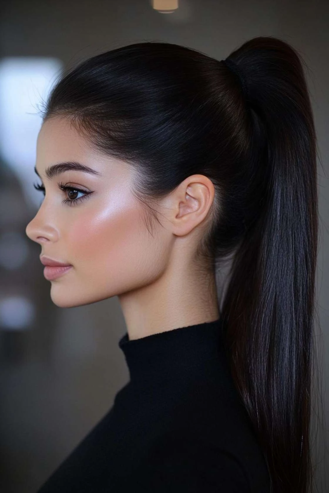 Winter Low Ponytail with a Deep Side Part and Sleek Lengths