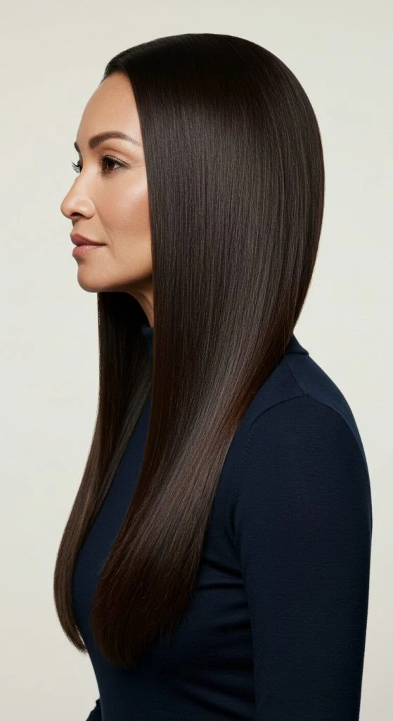 Deep Side Part with Pin-Straight Winter Lengths with a Soft Sweep