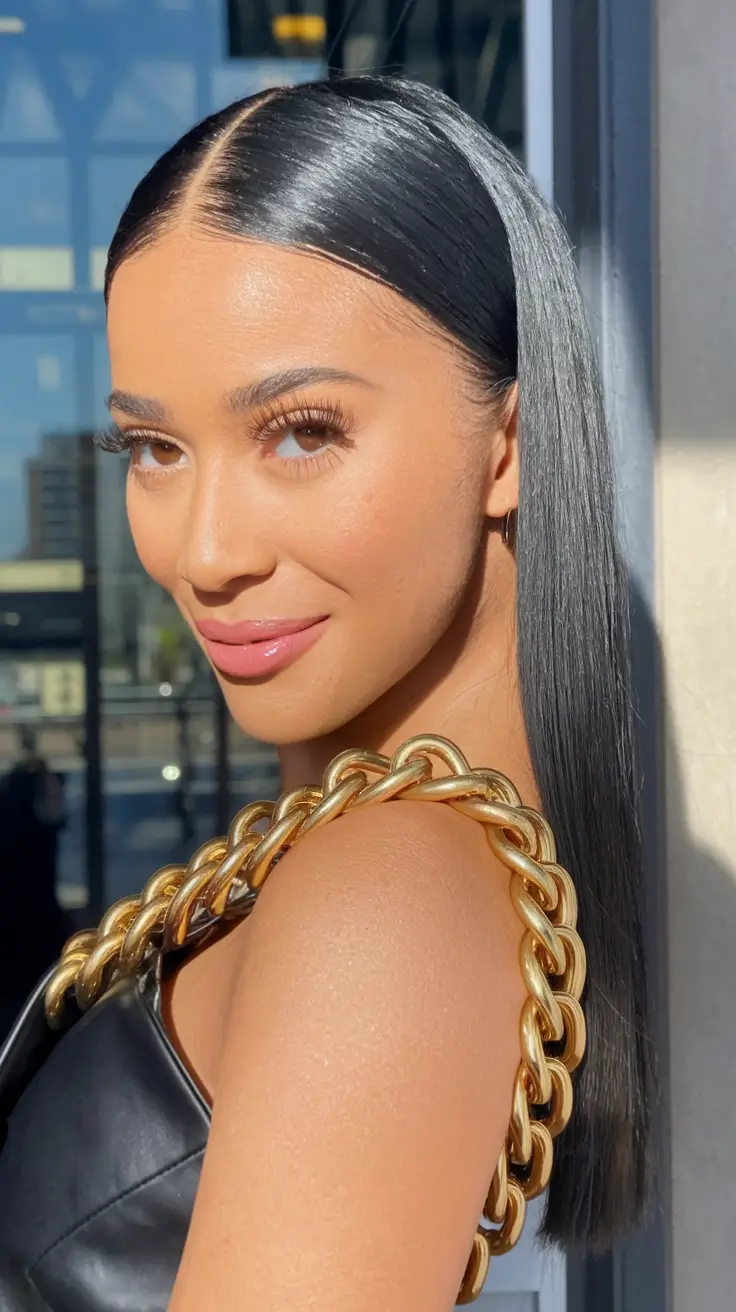 Deep Side Part Sleek Lengths with a Glossy Finish for Work and Evenings