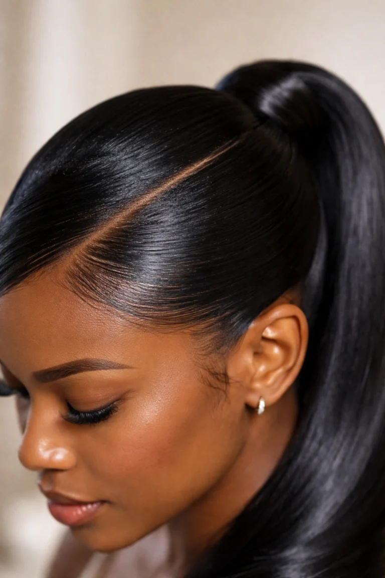 Deep Side Part Ponytail with Glossy Straight Lengths