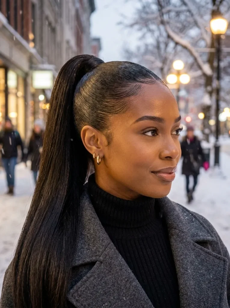 Low Sleek Ponytail with a Deep Side Part and Smooth Finish
