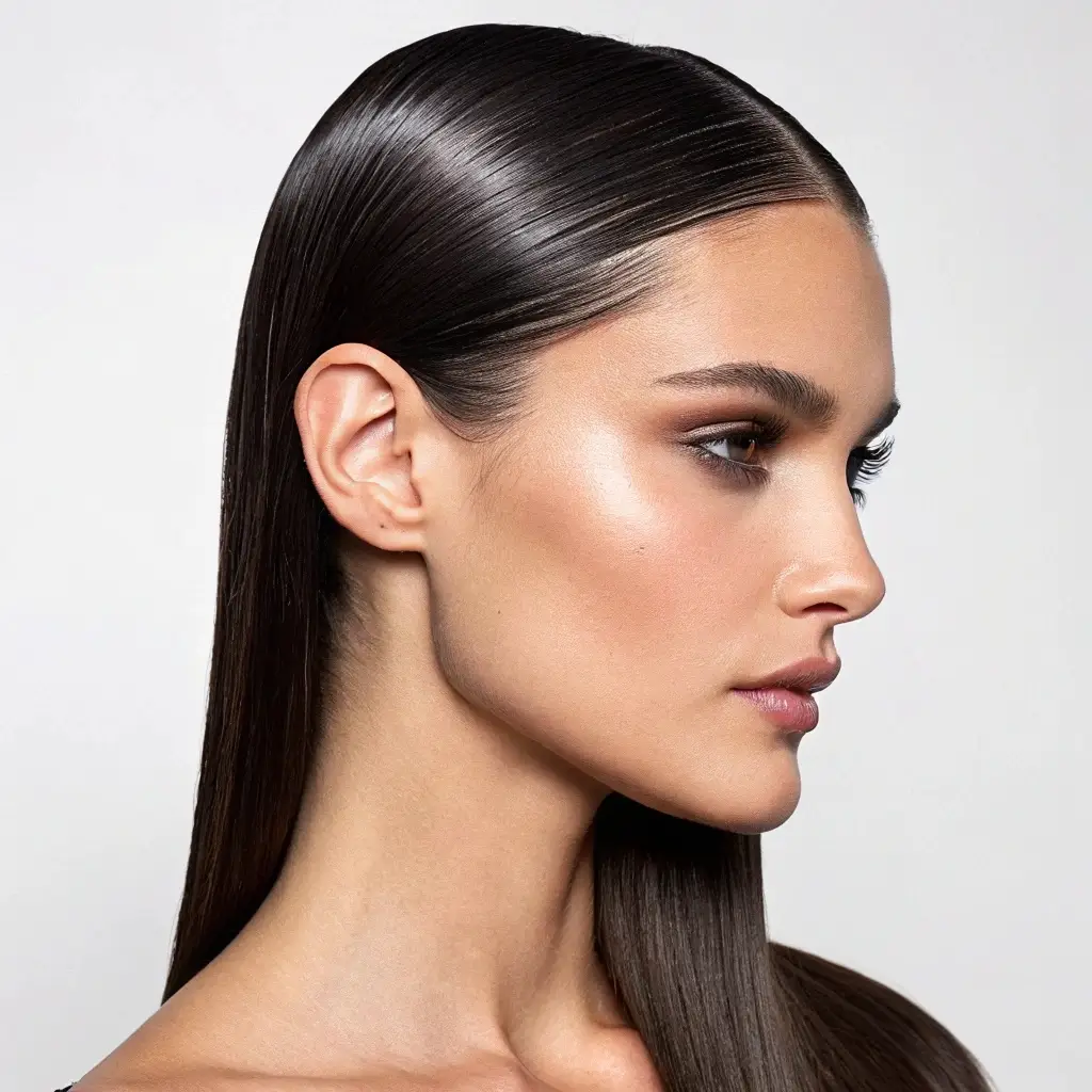 Deep Side Part Sleek Lengths with a Glossy Finish with a Gentle Sweep