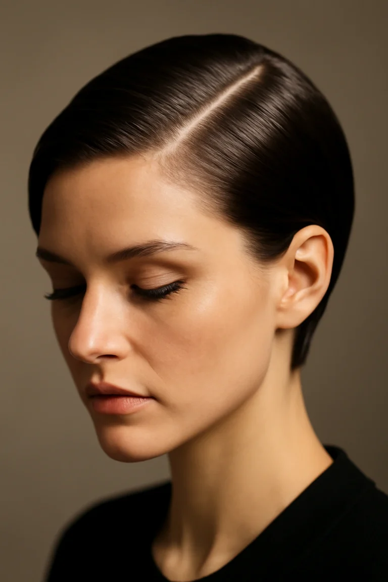 Sleek Deep Side Part with Hair Swept Back Smoothly