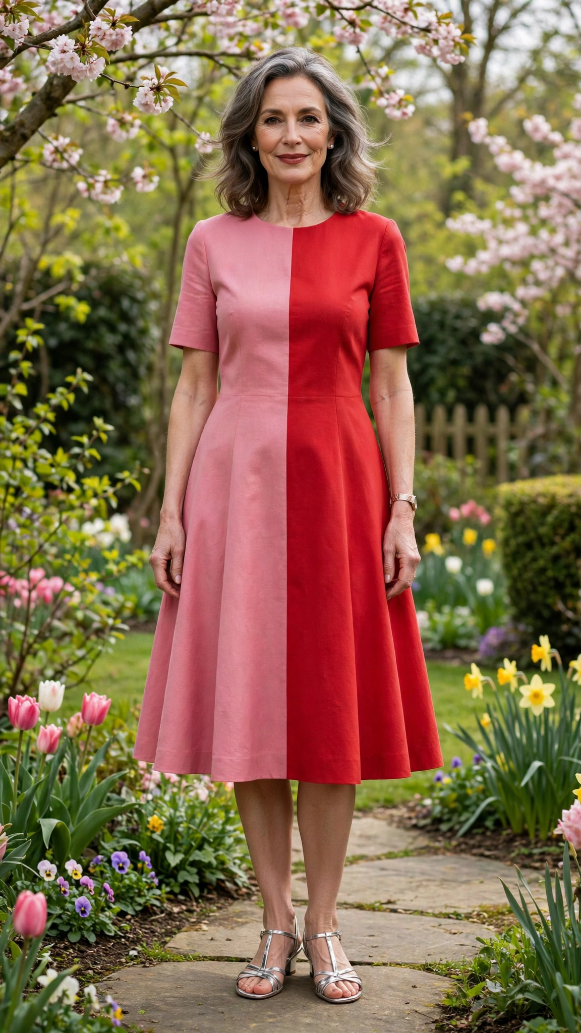 Rose pink and scarlet A-line dress with silver sandals