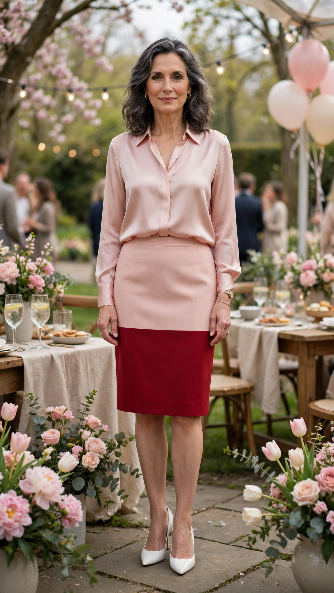 Blush pink and crimson pencil skirt and silk blouse with white pointed heels