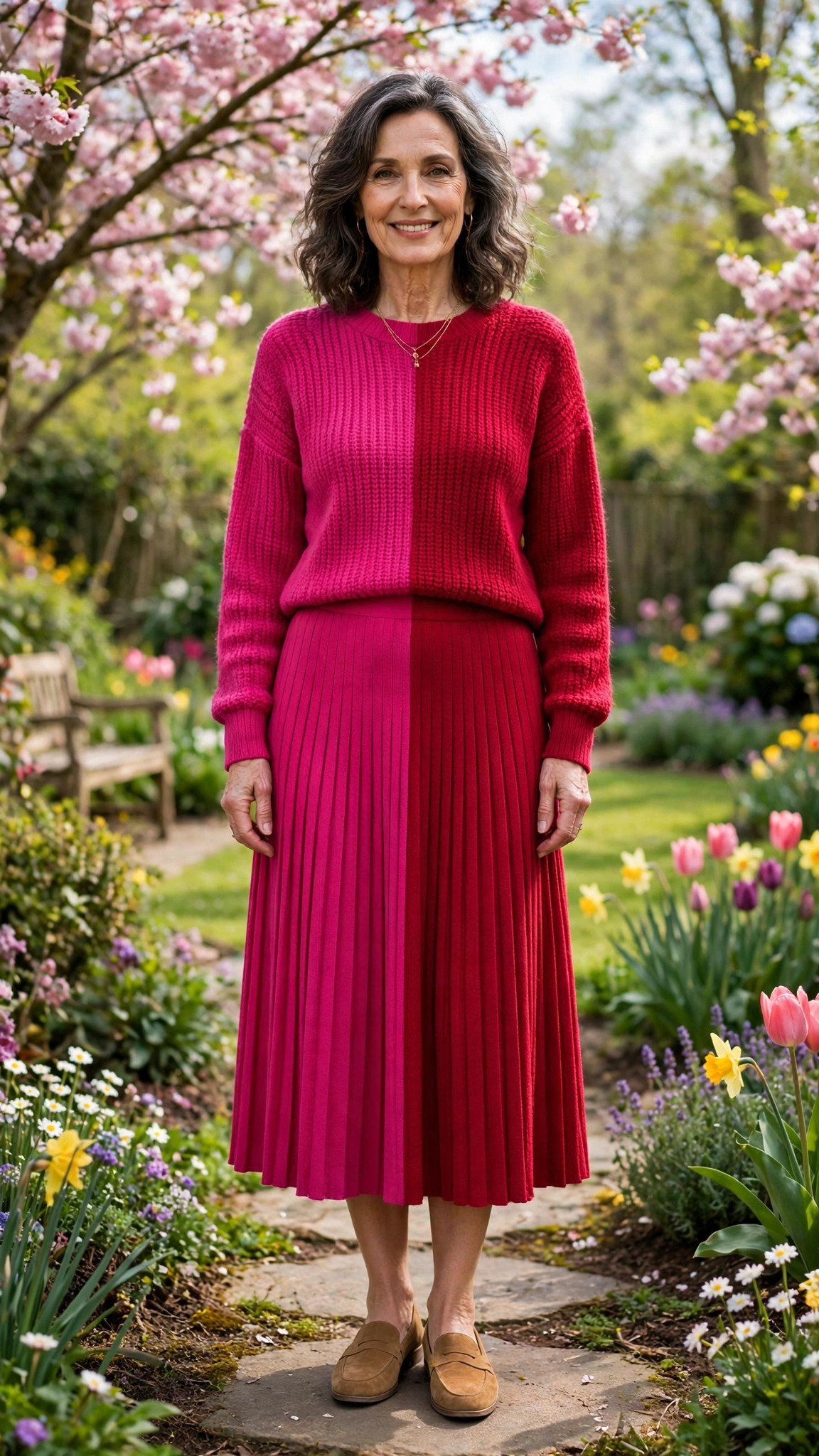 Fuchsia and ruby red knit top and midi skirt with tan loafers