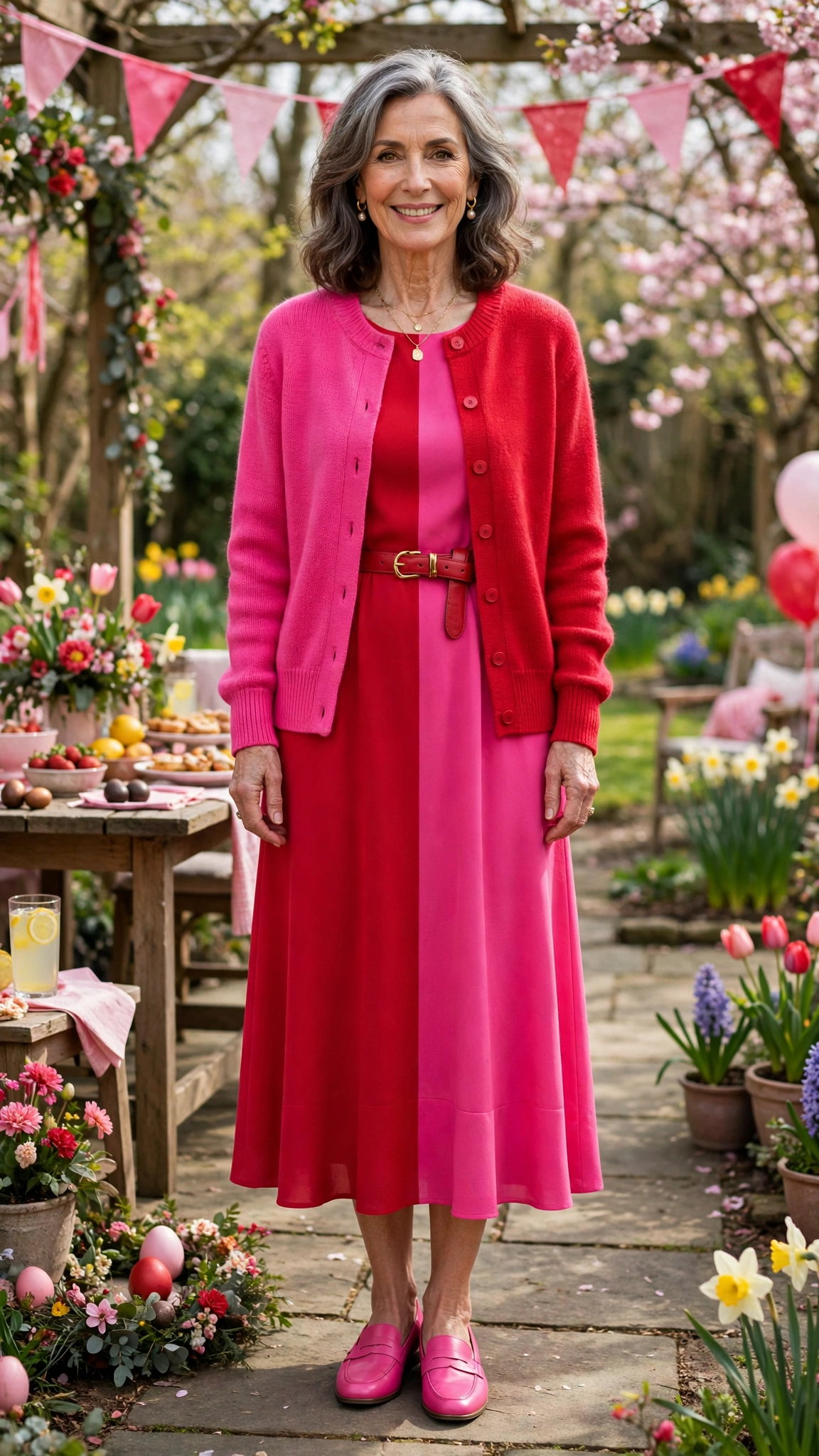 Hot pink and cherry red cardigan and dress set with a red belt