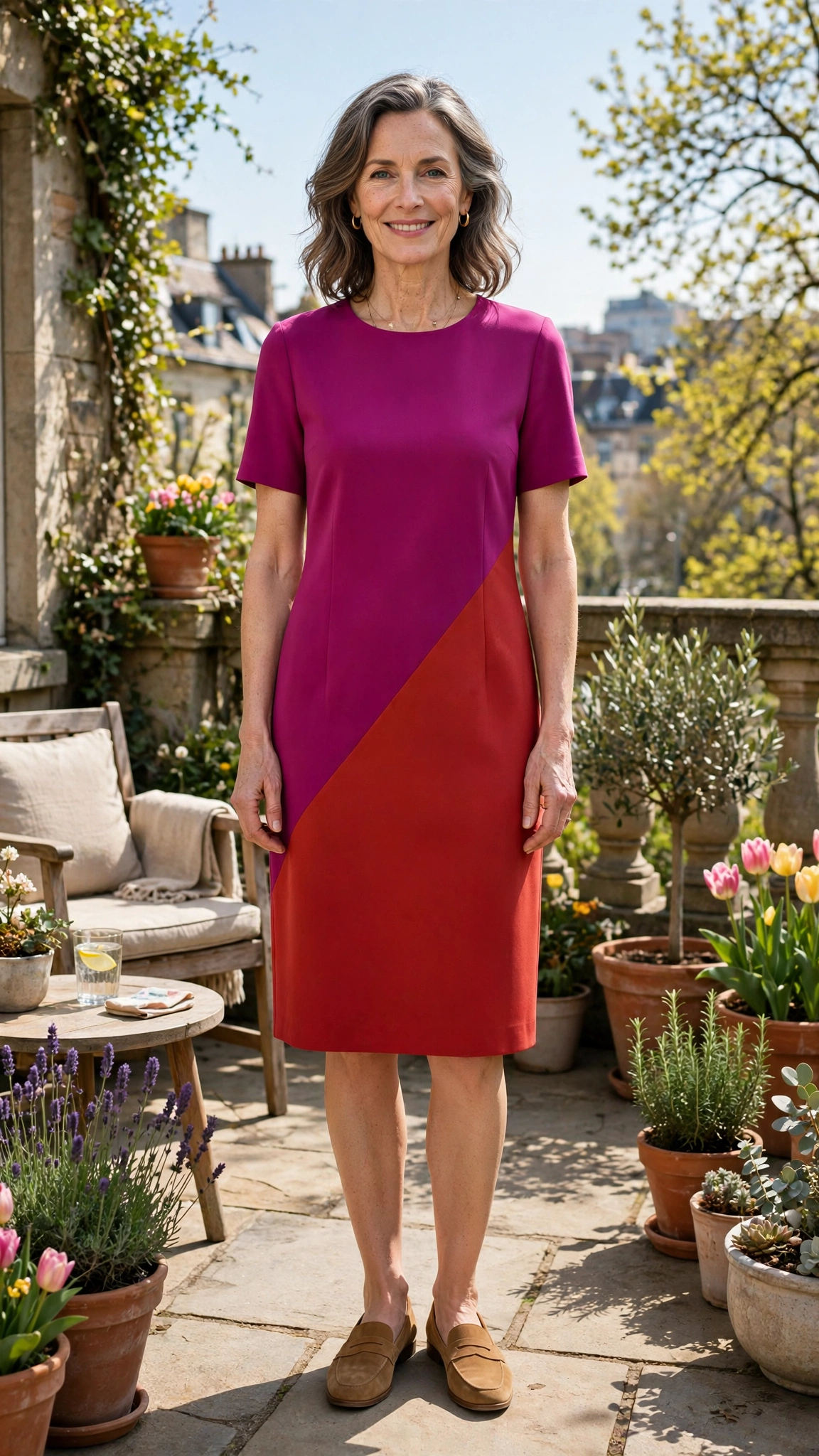 Magenta and brick red shift dress with tan loafers
