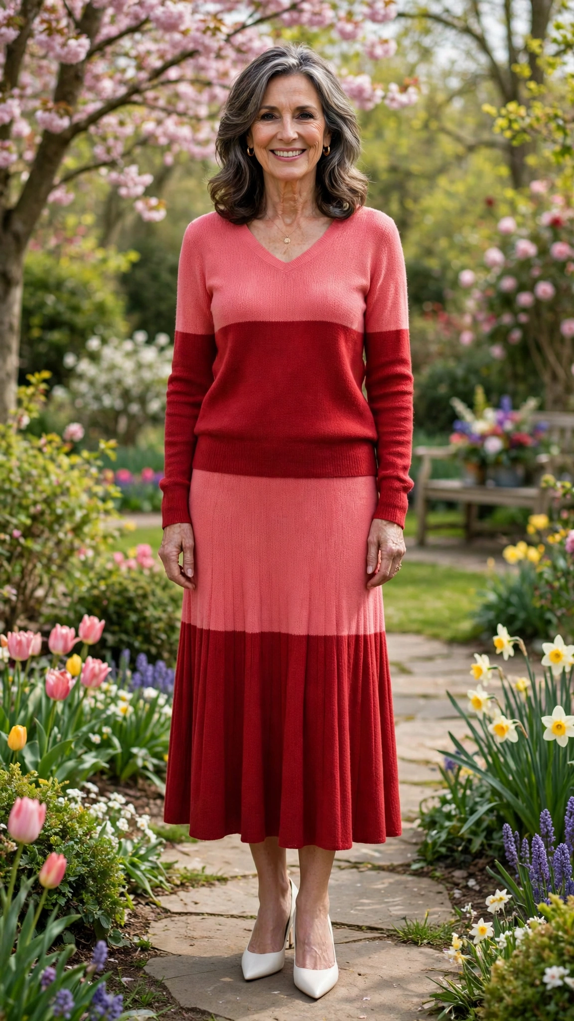 Coral pink and deep red knit top and midi skirt with white pointed heels