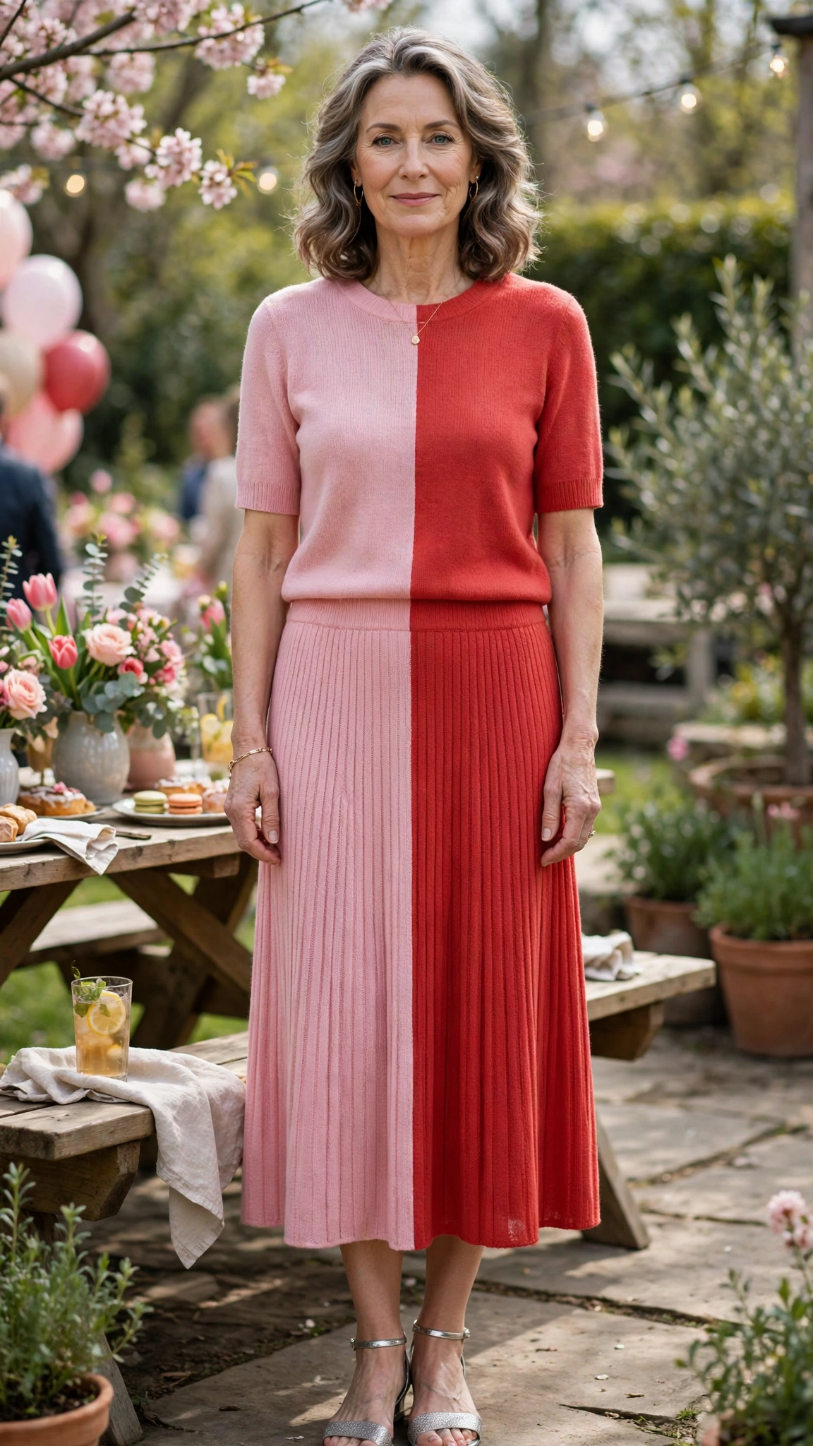 Soft pink and tomato red knit top and midi skirt with silver sandals