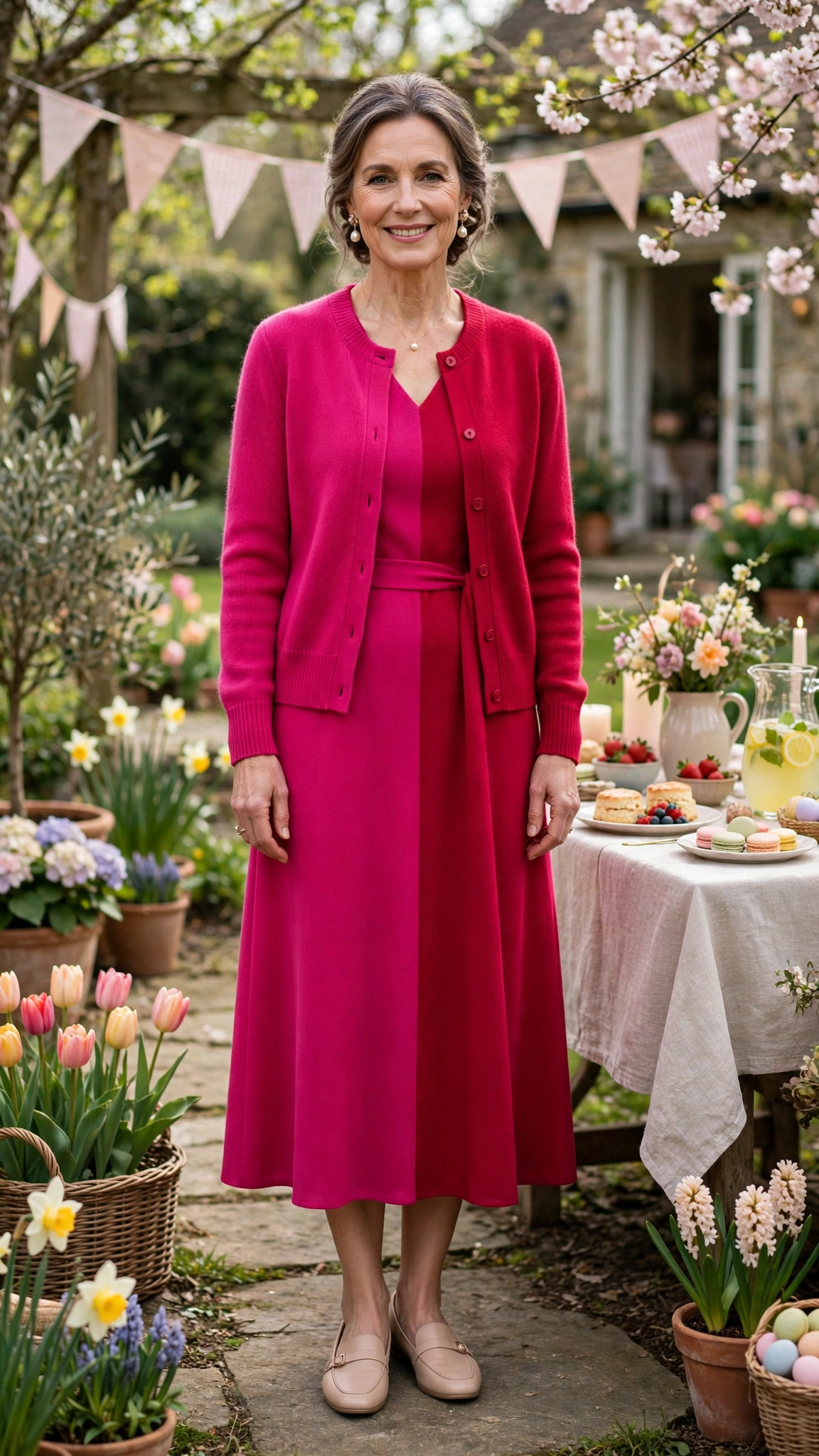 Fuchsia and ruby red cardigan and dress set with pearl earrings