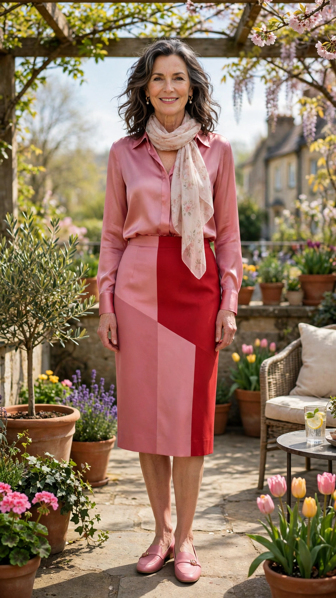 Rose pink and scarlet pencil skirt and silk blouse with a light scarf
