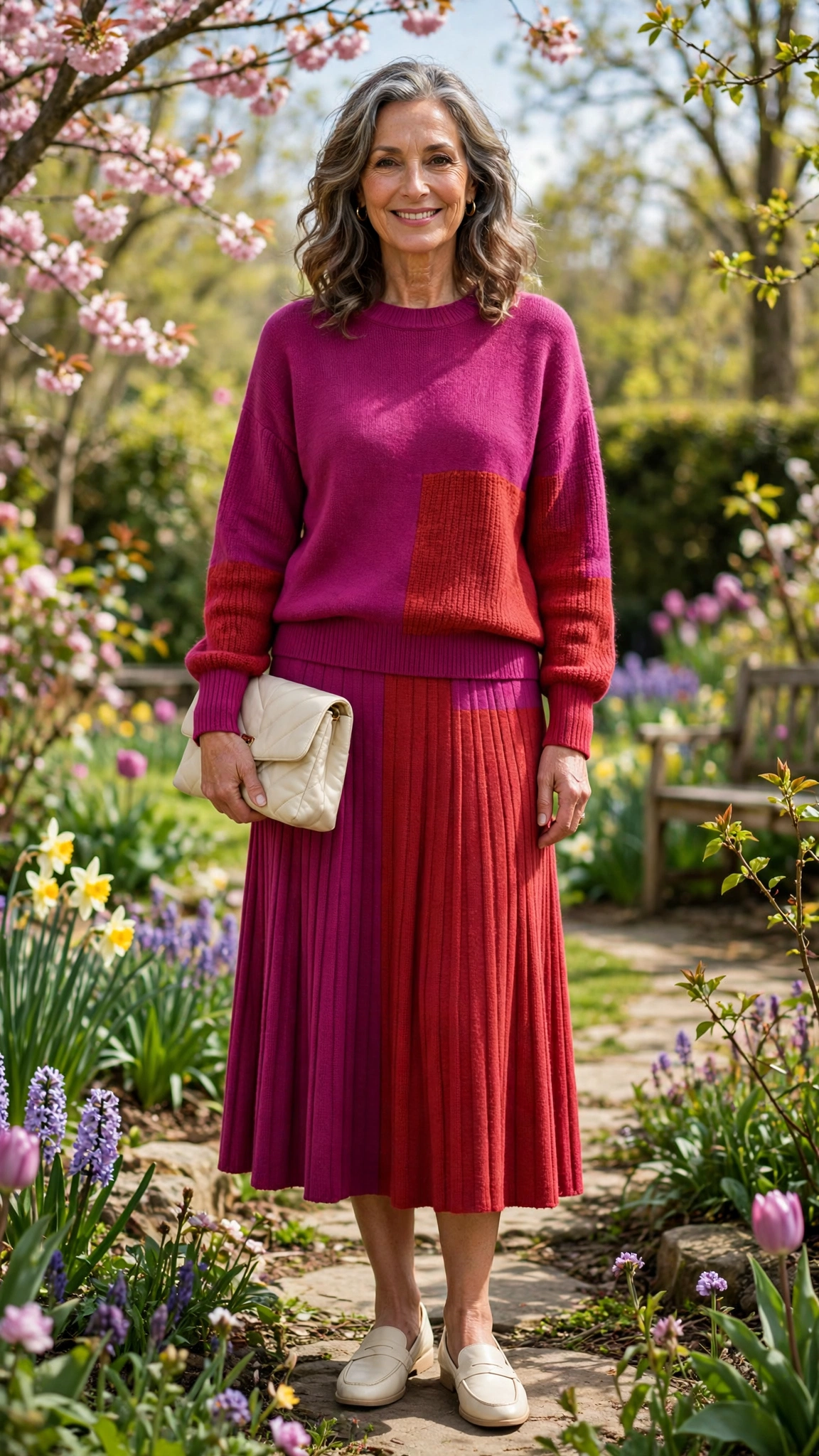 Magenta and brick red knit top and midi skirt with a cream clutch