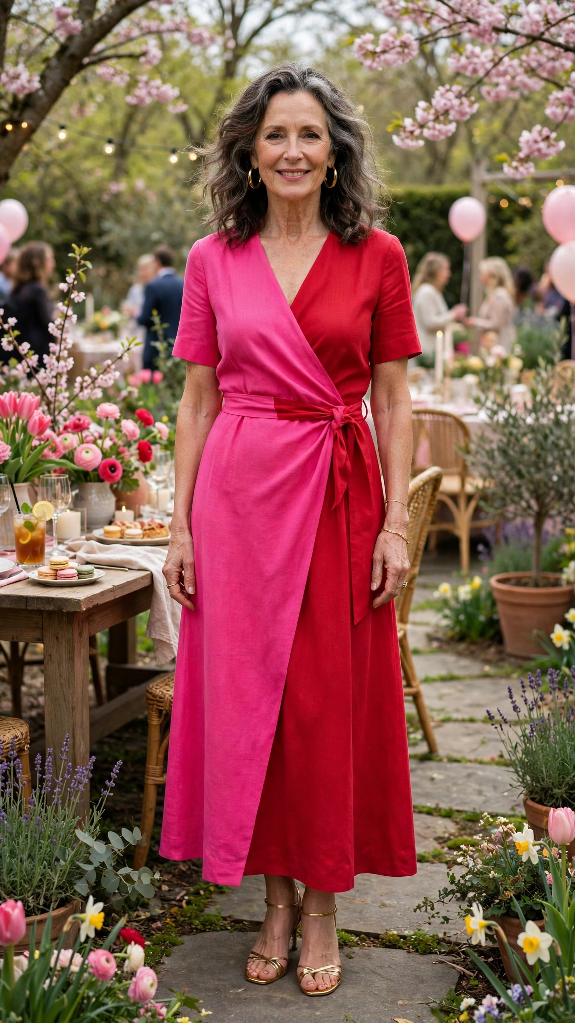 Hot pink and cherry red wrap dress with gold hoop earrings