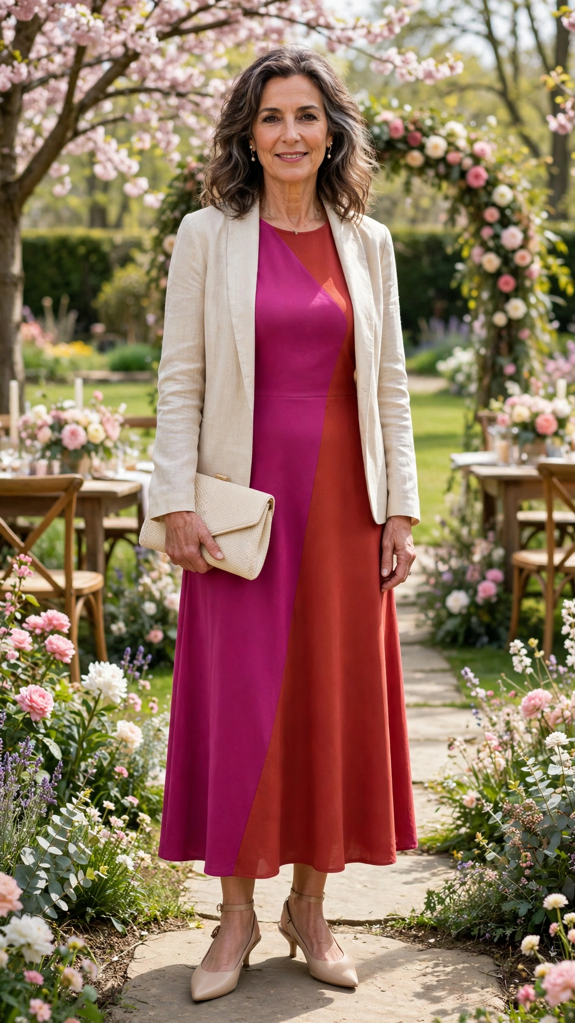 Magenta and brick red sleeveless dress with a light jacket and a cream clutch