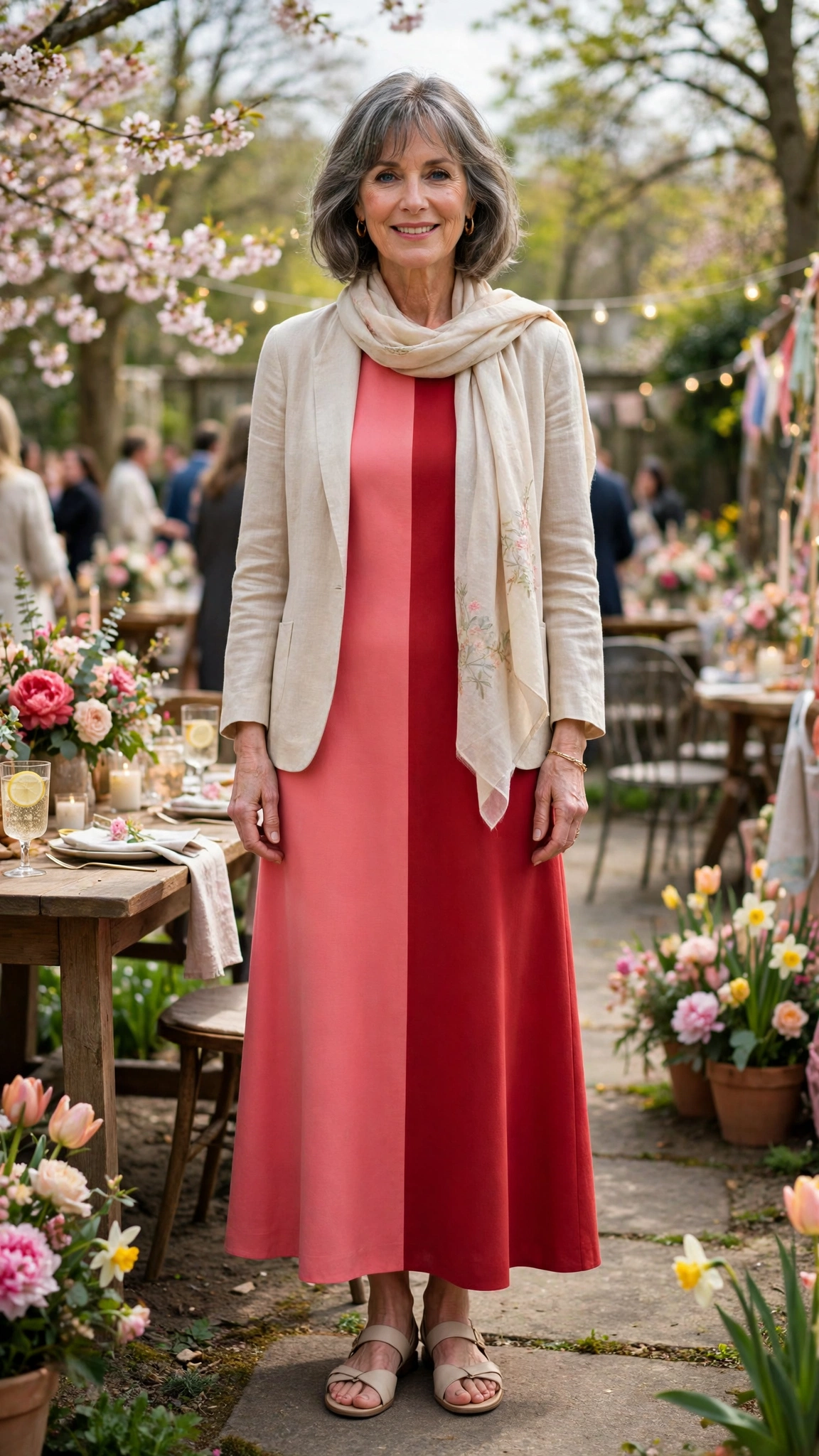 Coral pink and deep red sleeveless dress with a light jacket and a light scarf