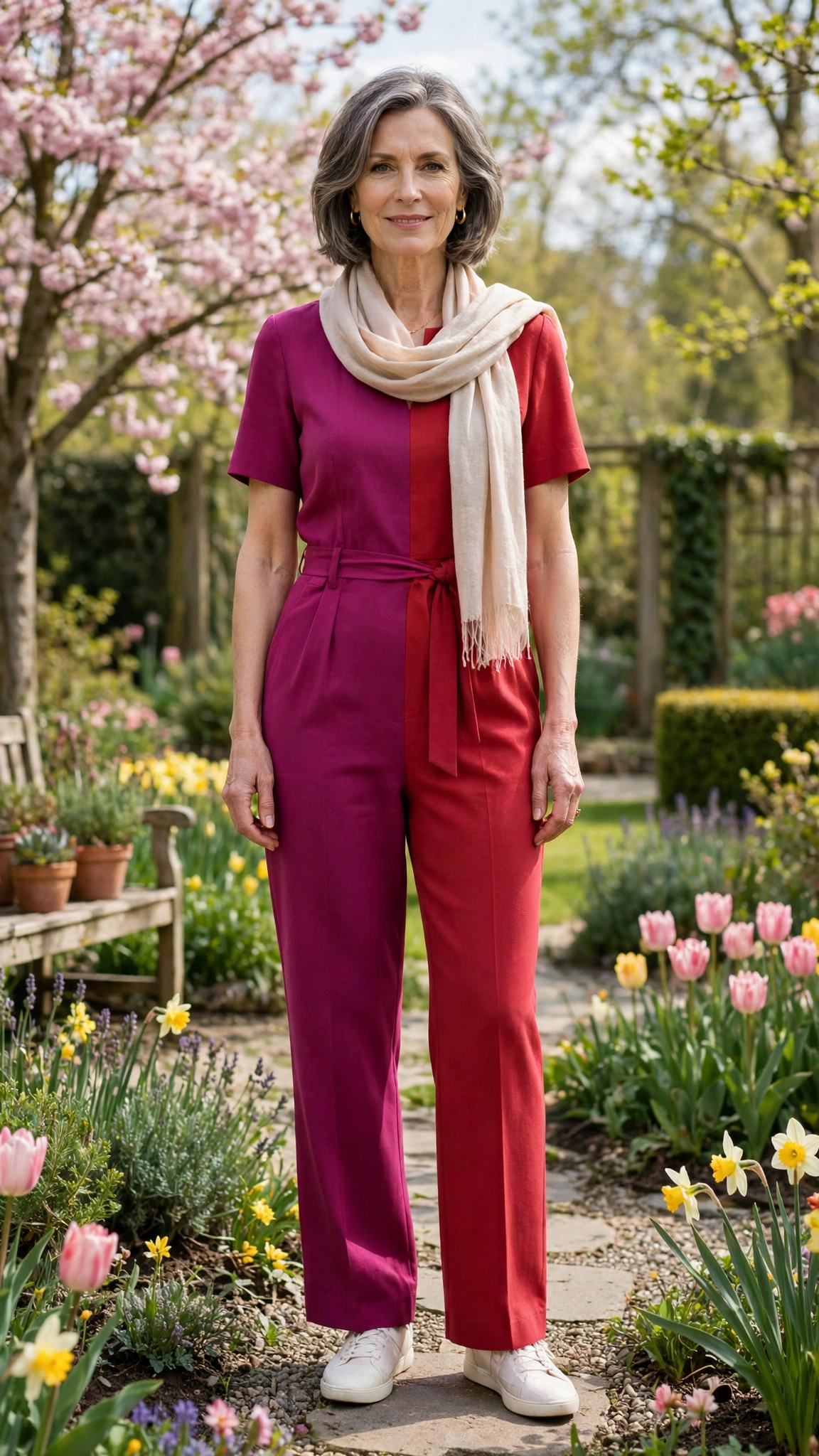 Magenta and brick red jumpsuit with a light scarf