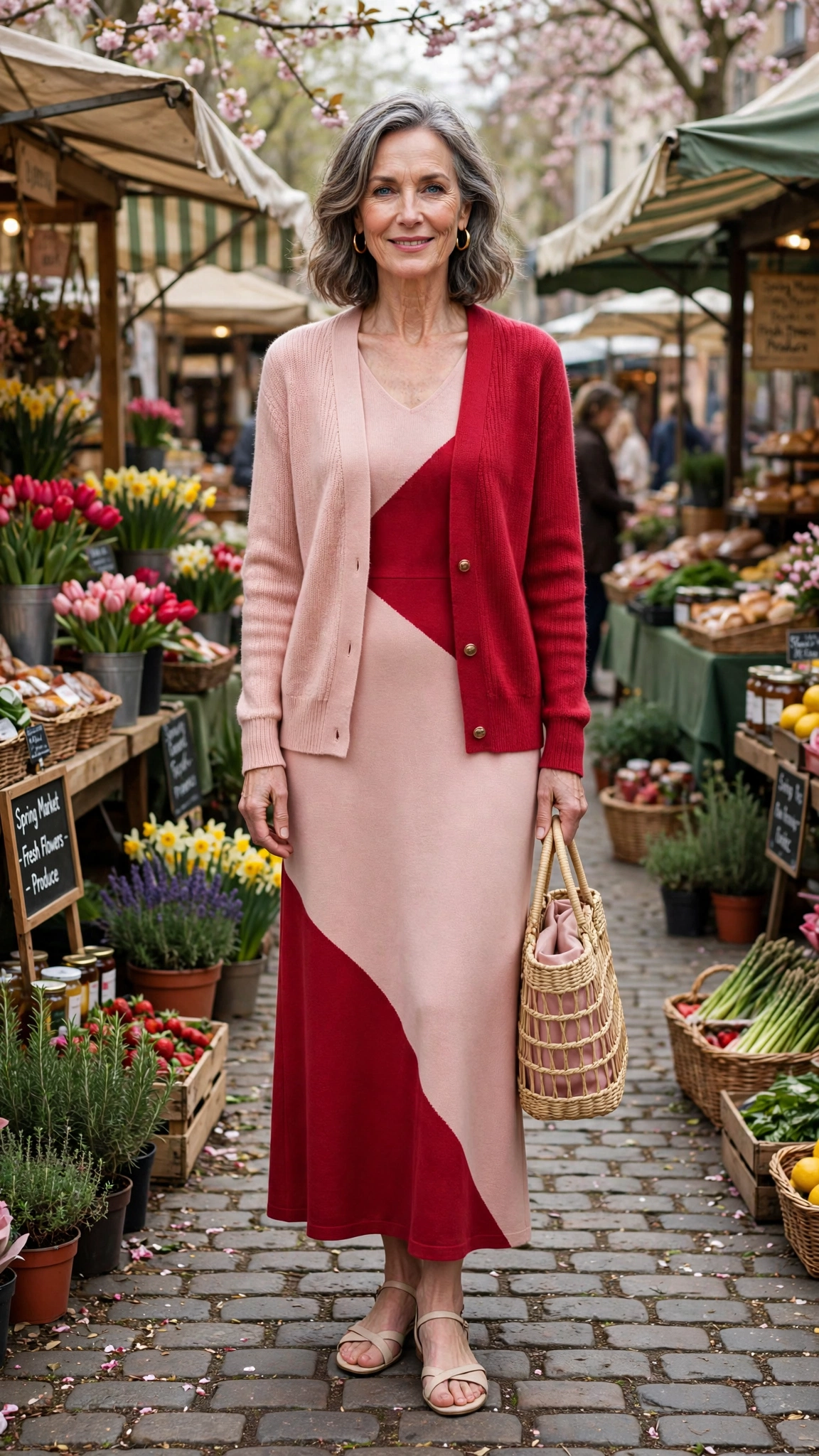 Blush pink and crimson cardigan and dress set with gold hoop earrings