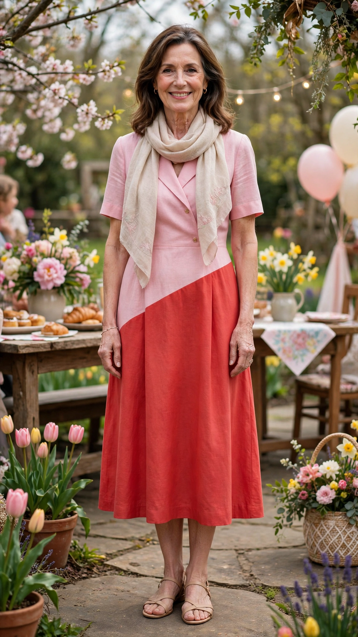 Soft pink and tomato red midi dress with a light scarf