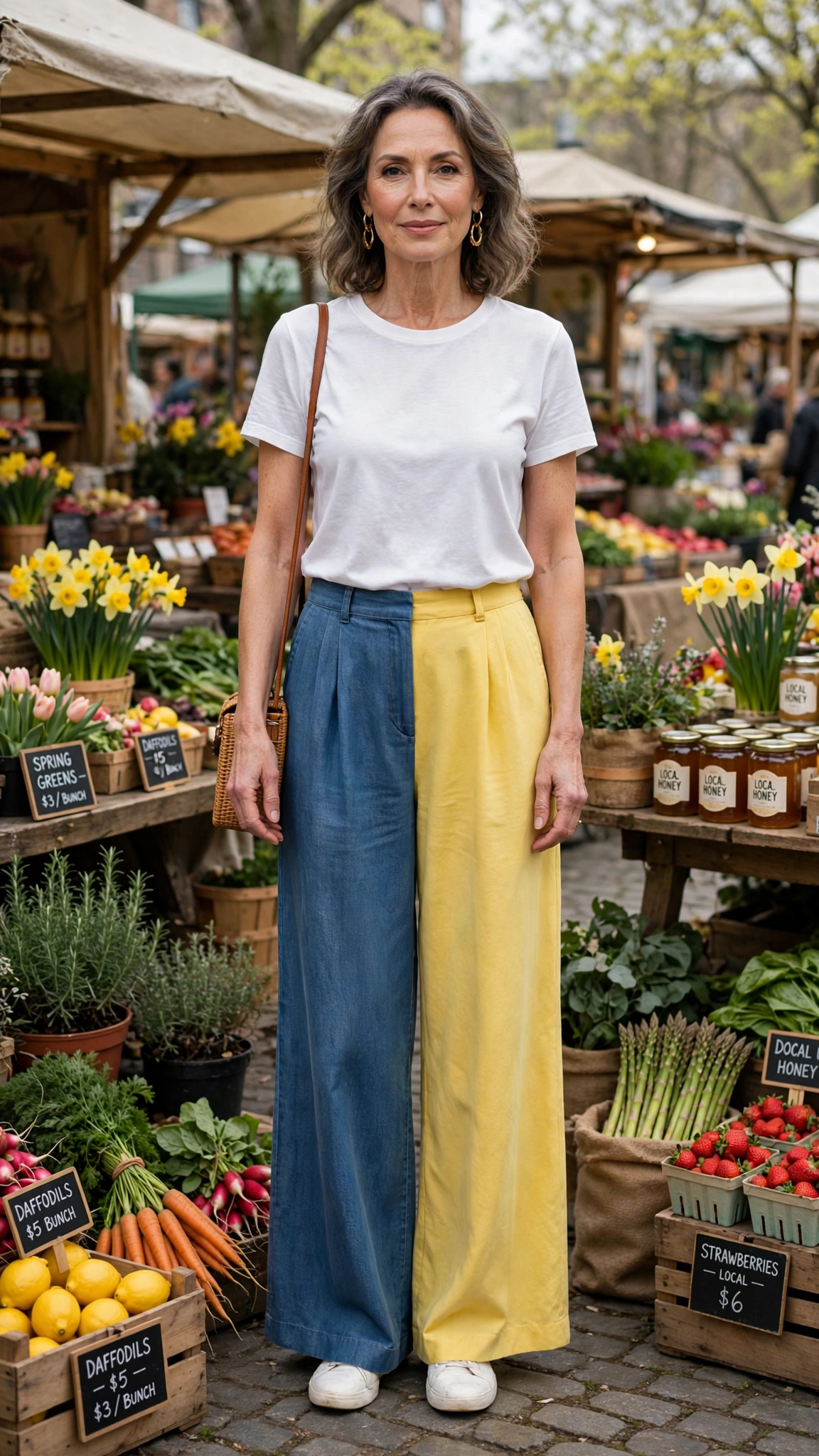 Denim blue and daffodil yellow palazzo trousers and tee with gold earrings