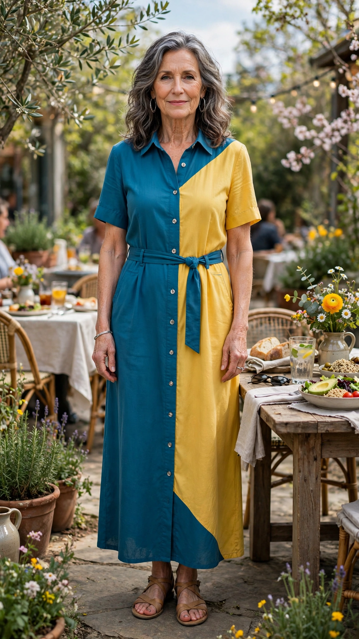 Teal blue and sunflower yellow shirt dress with silver hoop earrings