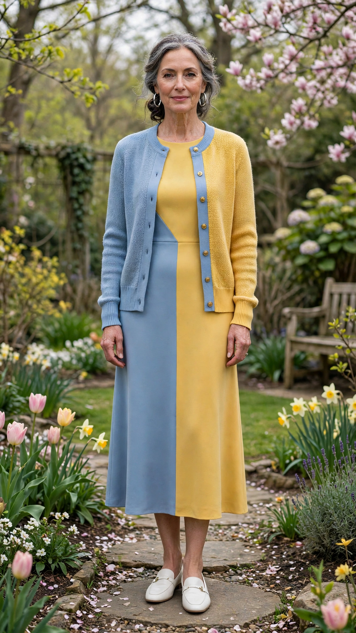 Powder blue and golden yellow cardigan and dress set with silver hoop earrings