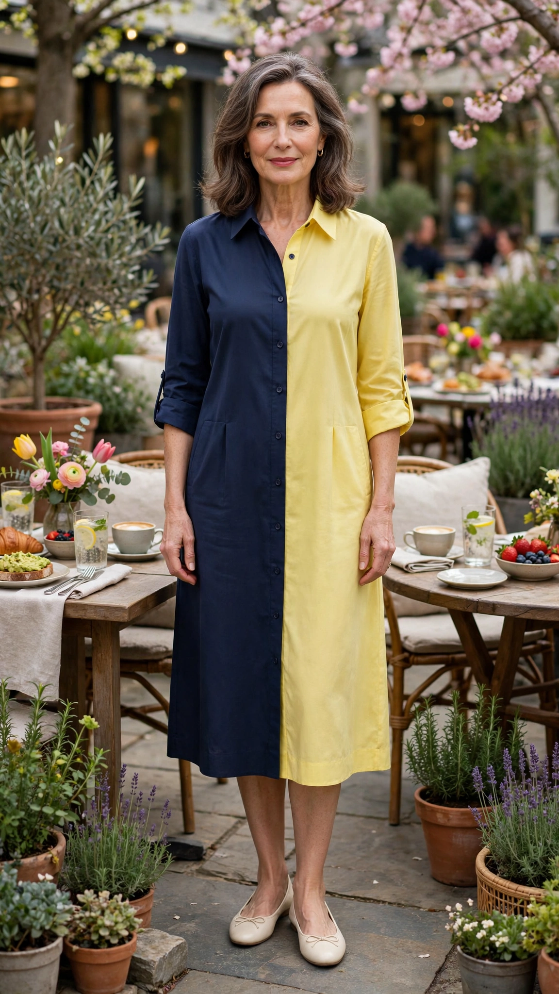 Navy and lemon yellow shirt dress with cream ballet flats