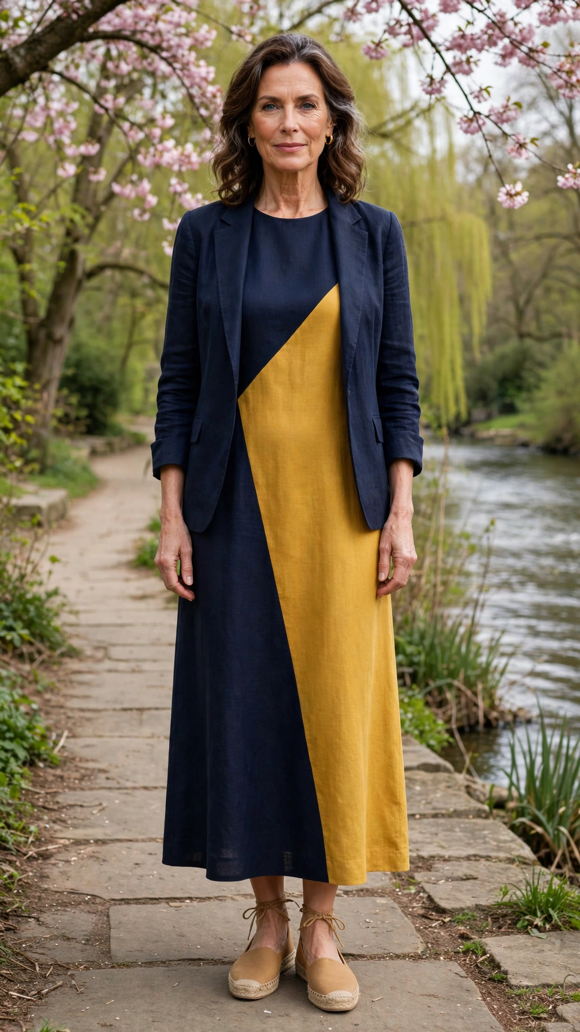 Midnight blue and mustard sleeveless dress with a jacket and tan espadrilles