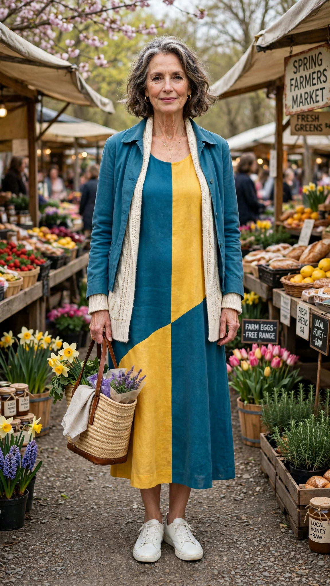 Teal blue and sunflower yellow sleeveless dress with a jacket and a cream cardigan