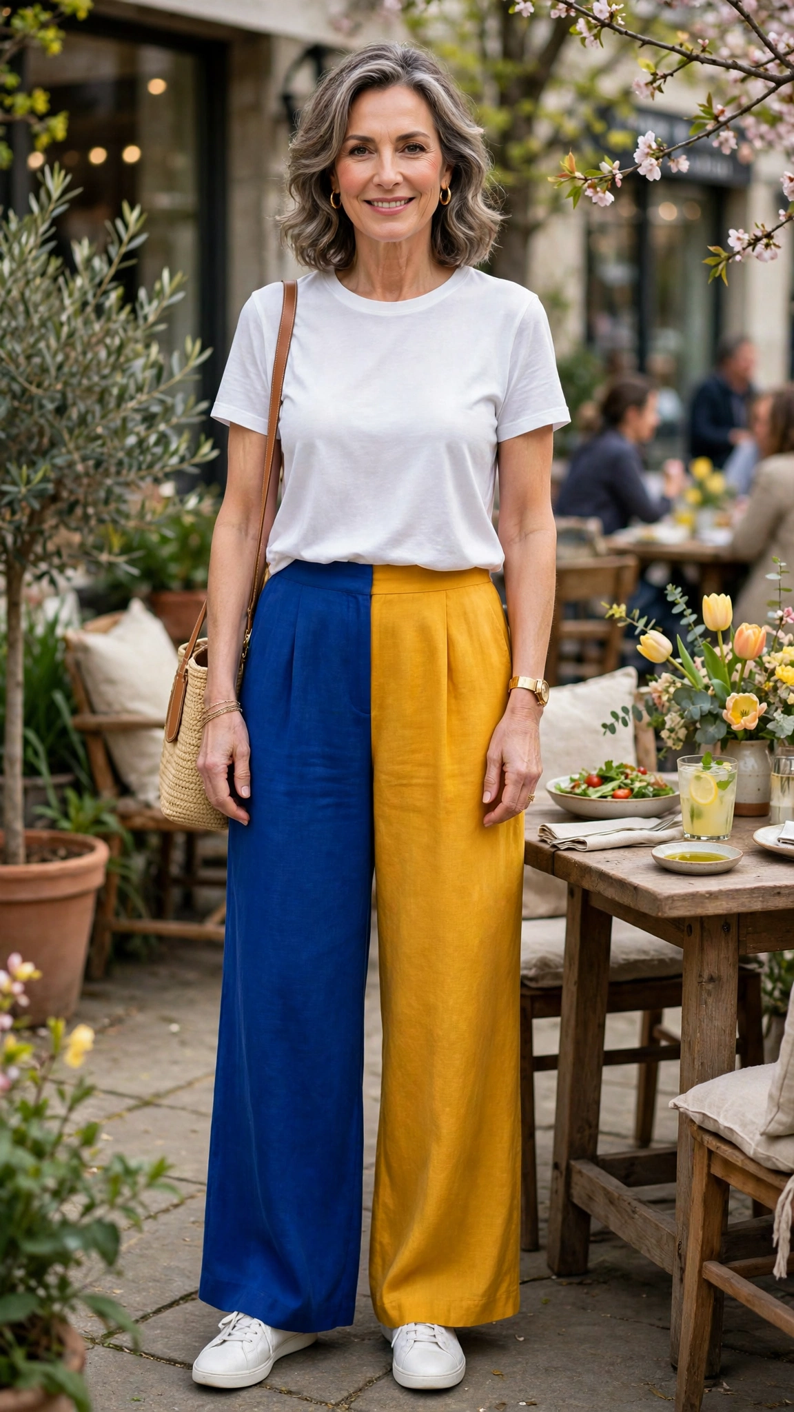 Royal blue and marigold palazzo trousers and tee with white sneakers