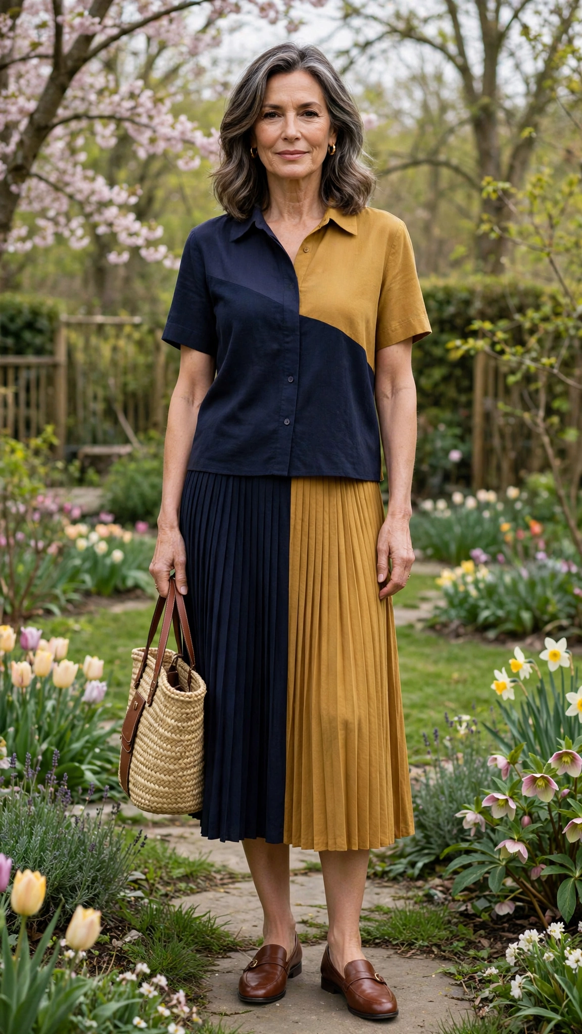 Midnight blue and mustard pleated midi skirt and top with a straw tote