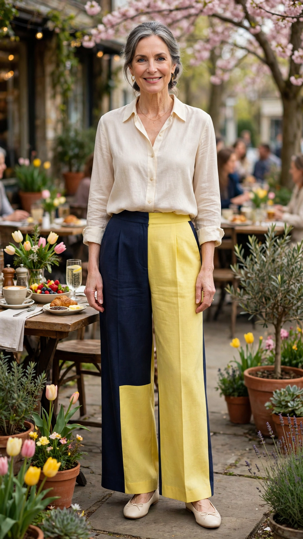 Navy and lemon yellow wide-leg trousers and blouse with cream ballet flats