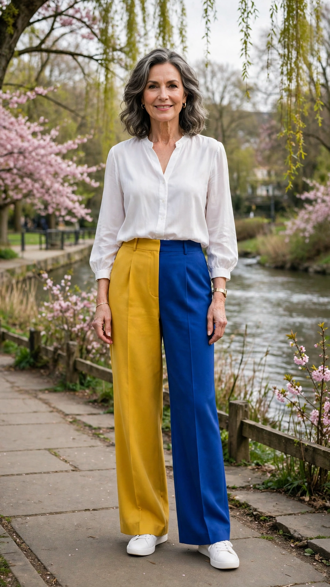 Royal blue and marigold wide-leg trousers and blouse with white sneakers
