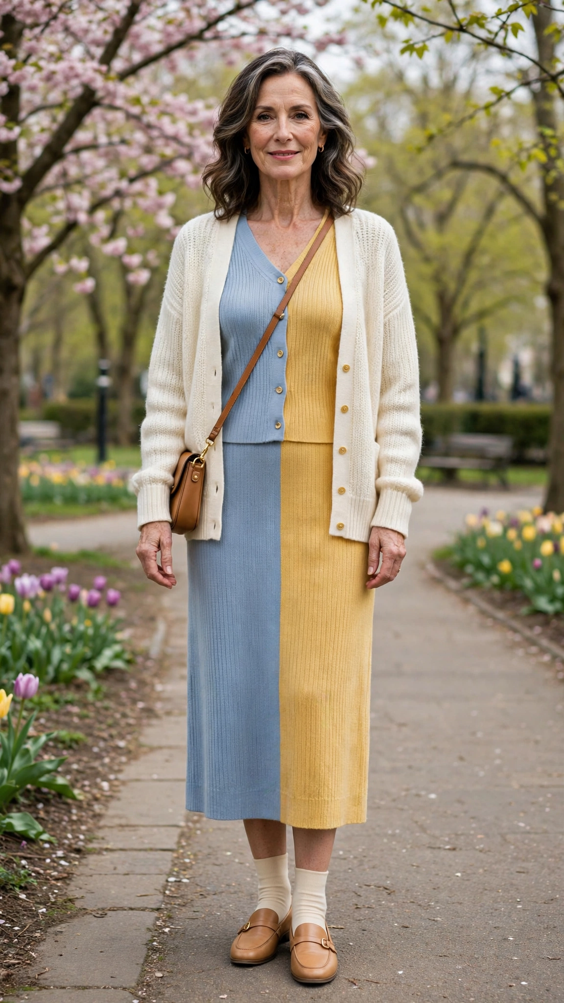 Powder blue and golden yellow cardigan and dress set with a cream cardigan