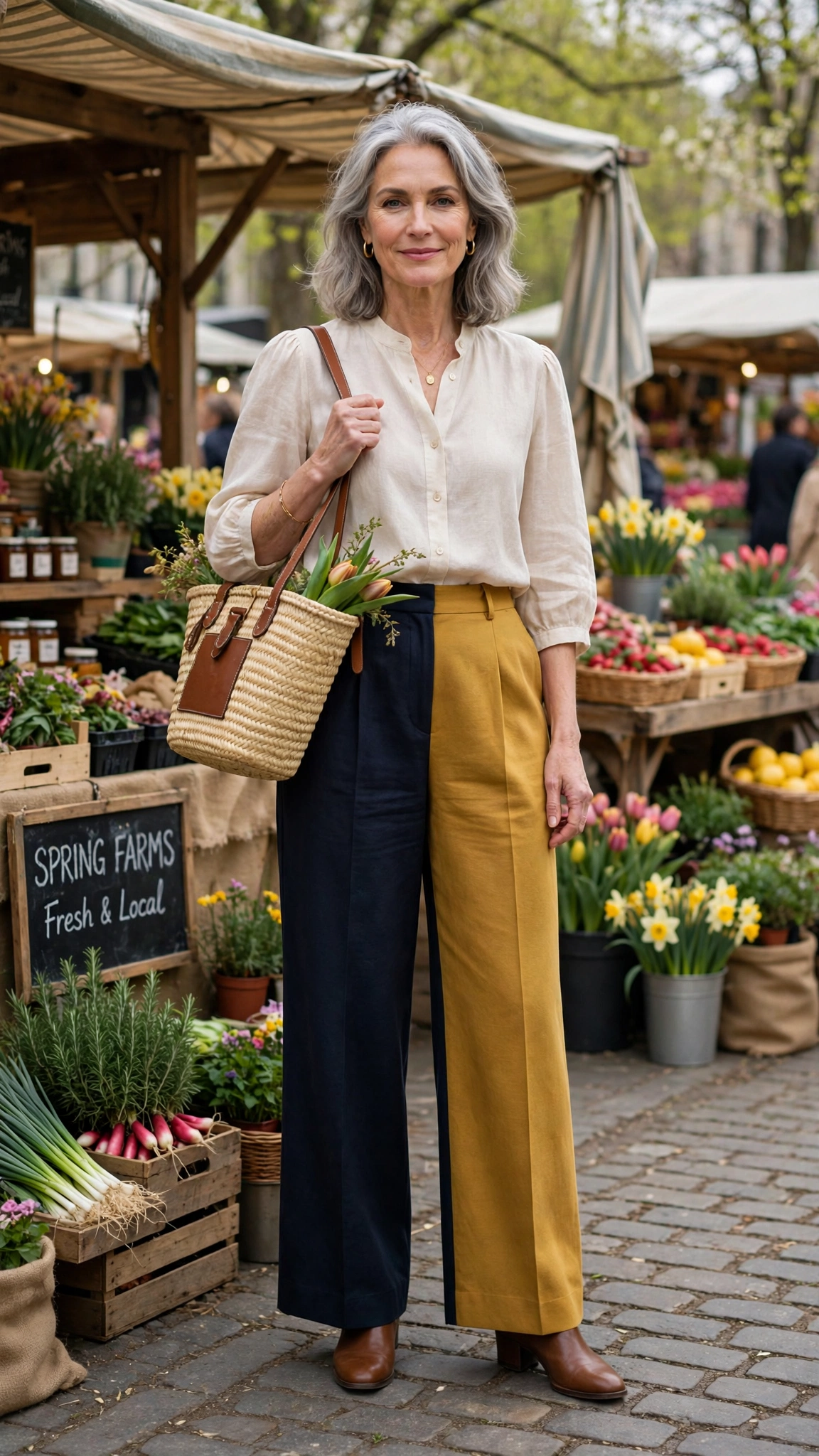 Midnight blue and mustard wide-leg trousers and blouse with a straw tote