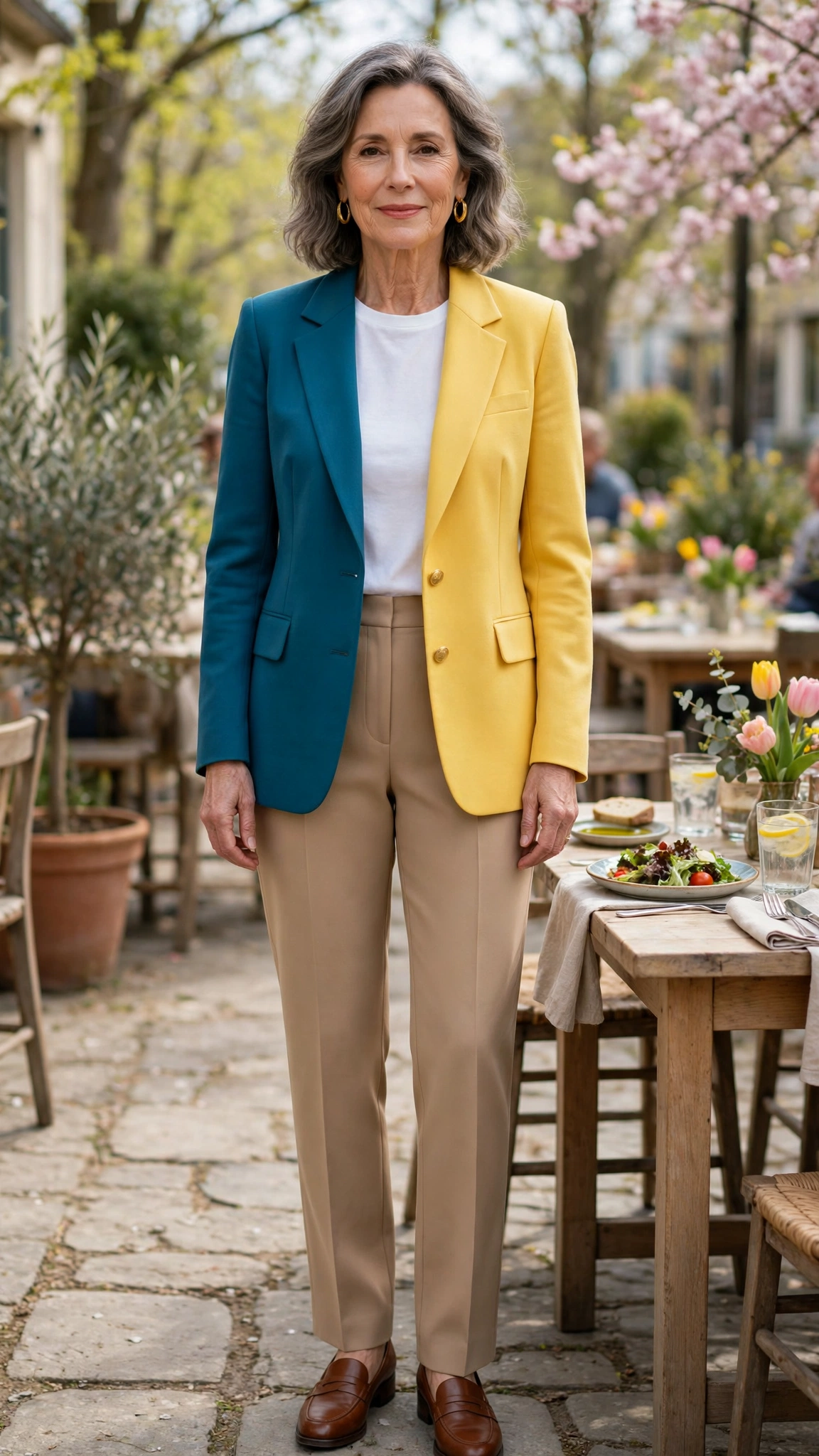 Teal blue and sunflower yellow blazer and straight trousers with gold earrings