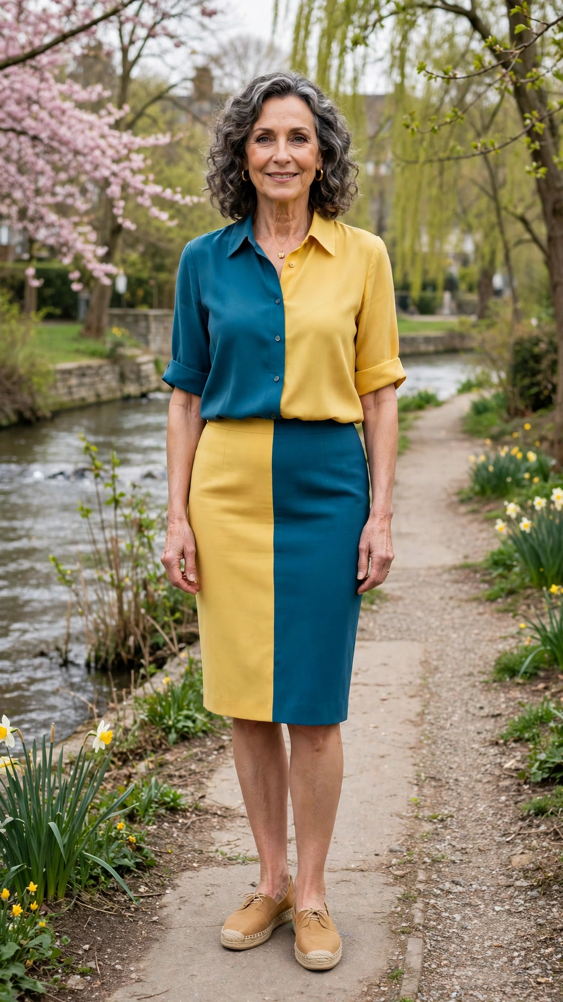 Teal blue and sunflower yellow pencil skirt and blouse with tan espadrilles