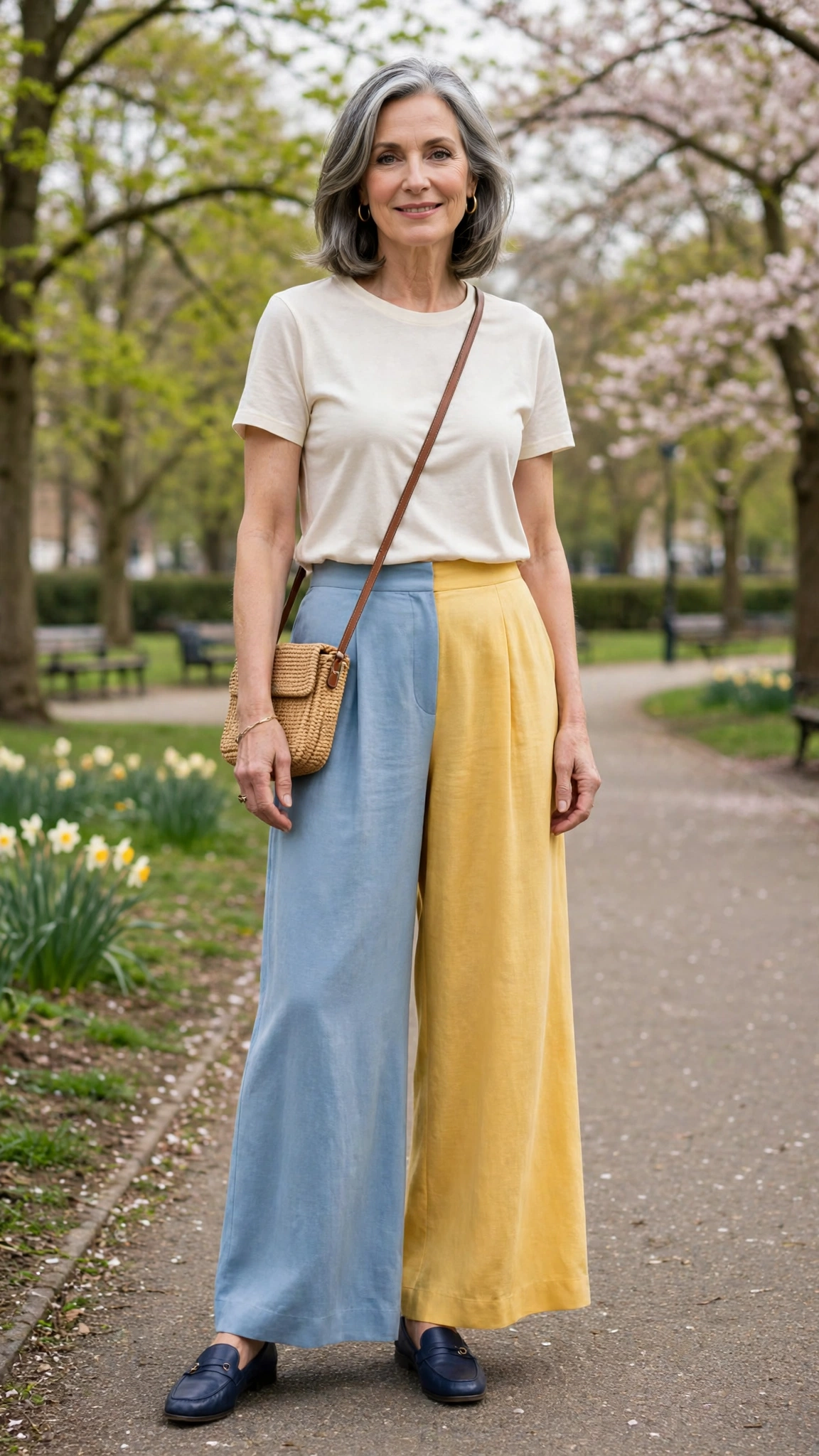 Powder blue and golden yellow palazzo trousers and tee with navy loafers