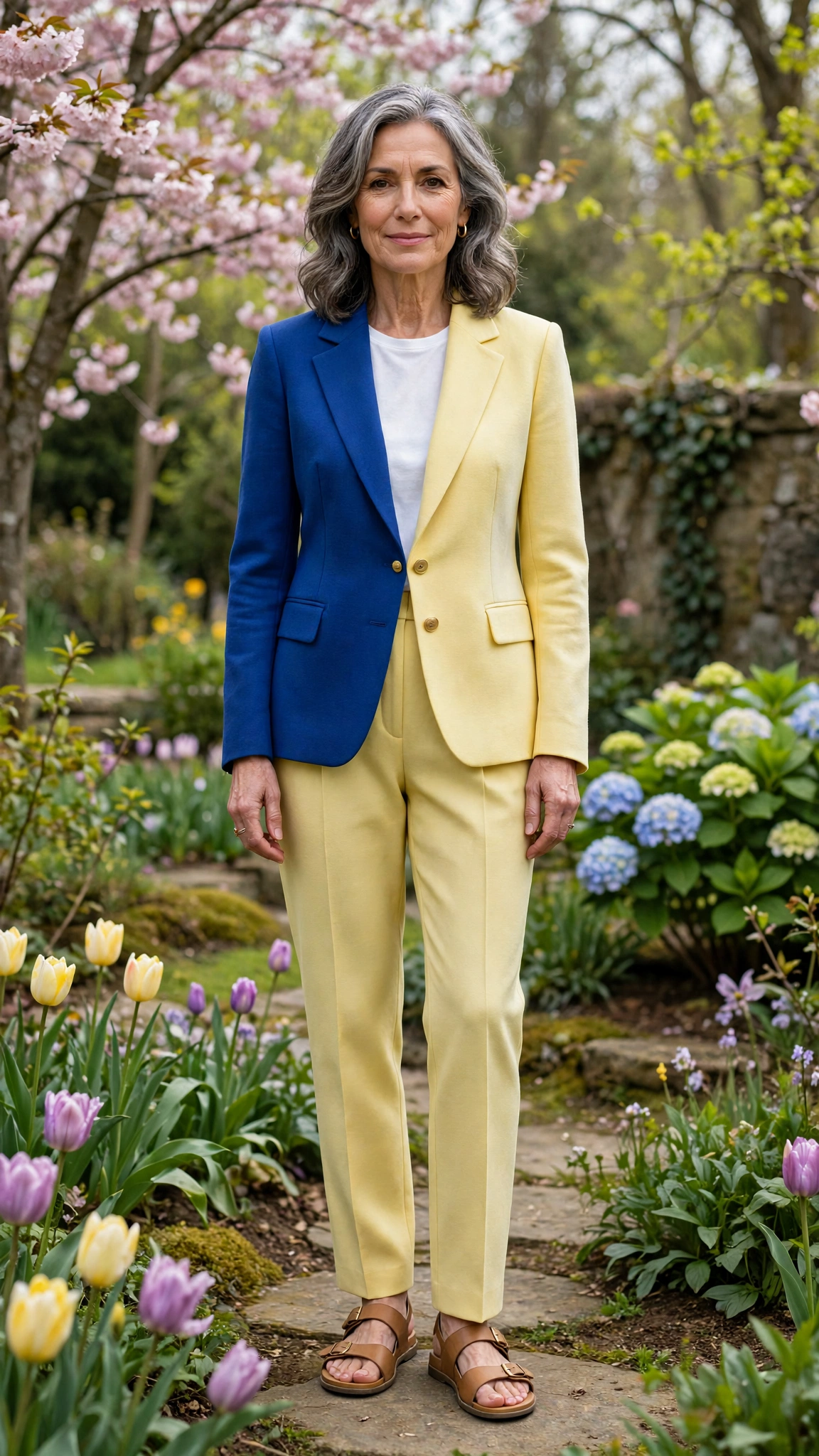 Cobalt and soft yellow blazer and straight trousers with tan sandals