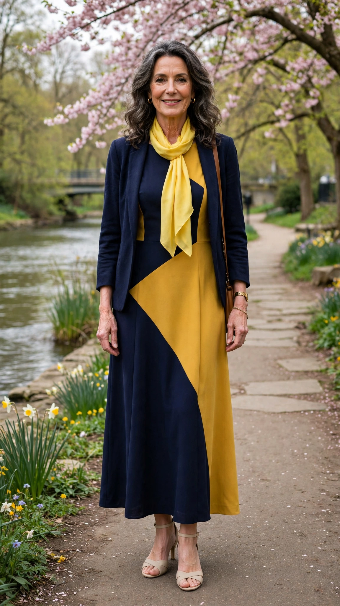 Midnight blue and mustard sleeveless dress with a jacket and a yellow scarf
