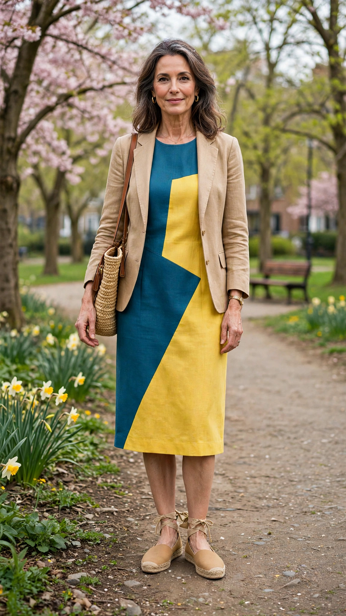Teal blue and sunflower yellow sleeveless dress with a jacket and tan espadrilles
